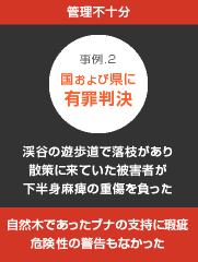 渓谷の遊歩道で落枝があり散策に来ていた被害者が下半身麻痺の重傷を負った事件：自然木であったブナの支持に瑕疵危険性の警告もなかったことが指摘され国および県に有罪判決