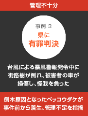 台風による暴風警報発令中に街路樹が倒れ、被害者の車が損傷し、怪我を負った事件：倒木原因となったベッコウダケが事件前から着生、管理不足を指摘され県に有罪判決