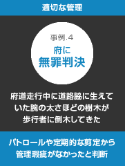 府道走行中に道路脇に生えていた腕の太さほどの樹木が歩行者に倒木してきた事件：パトロールや定期的な剪定から管理瑕疵がなかったと判断され府に無罪判決